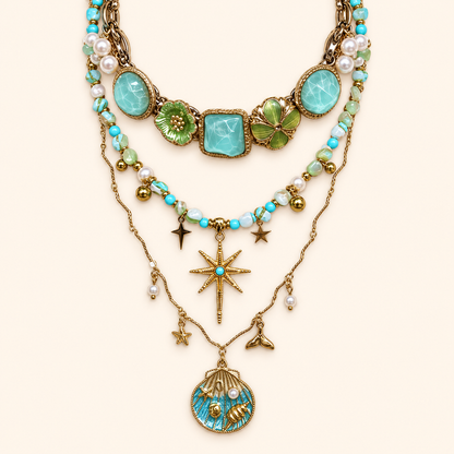 Bohemian Vintage Beaded Layered Necklace Set with Shell, Sunflower and Geometric Flower Pendants
