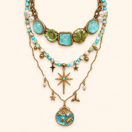 Bohemian Vintage Beaded Layered Necklace Set with Shell, Sunflower and Geometric Flower Pendants