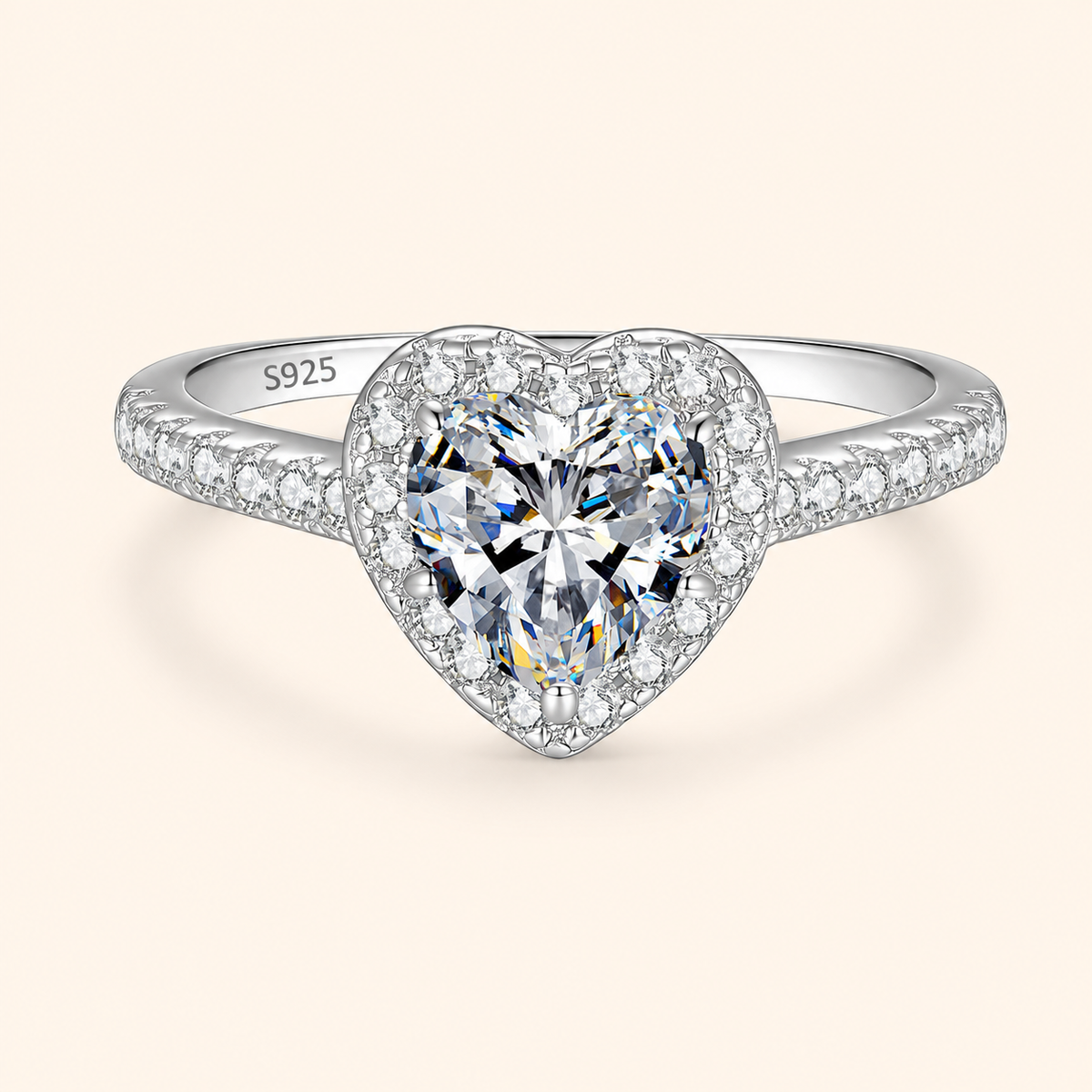 925 Sterling Silver 1 Carat Heart Moissanite Ring with Sparkling Halo