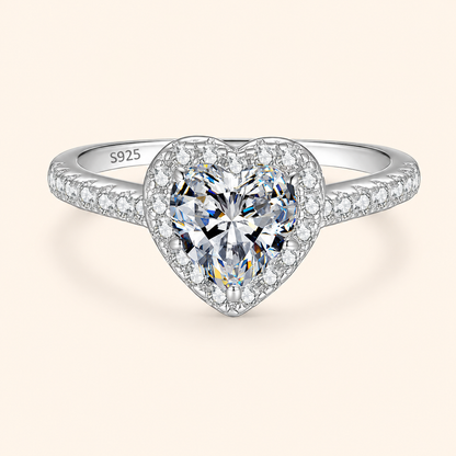 925 Sterling Silver 1 Carat Heart Moissanite Ring with Sparkling Halo