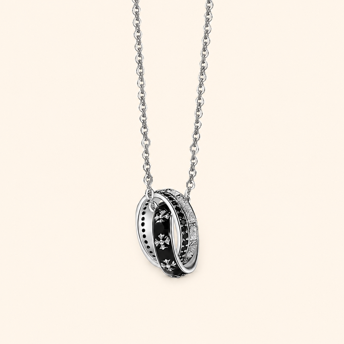 Men’s 925 Sterling Silver Double Ring Pendant Necklace with Black Star Details