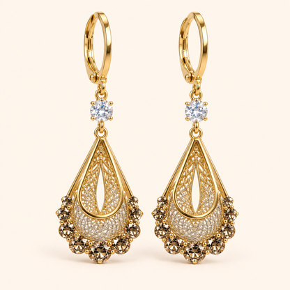 Women’s Vintage-Inspired Teardrop Earrings with Filigree Mesh and Crystal Accents