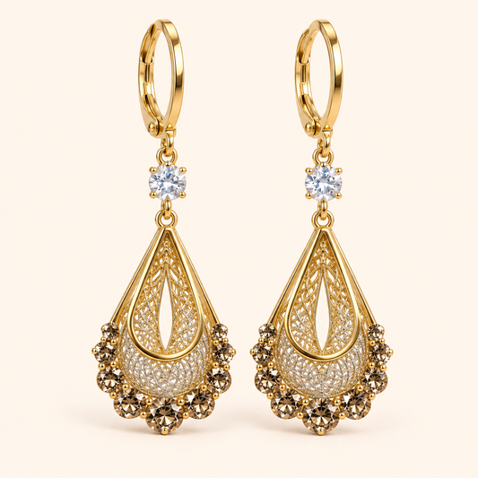 Women’s Vintage-Inspired Teardrop Earrings with Filigree Mesh and Crystal Accents