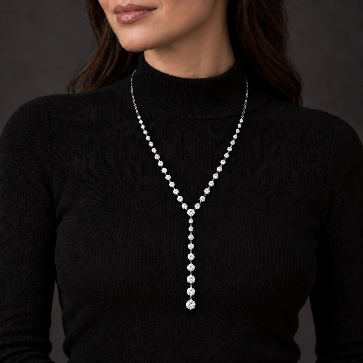 Women’s Silver-Tone Long Y Necklace with Sparkling Tassel Detail