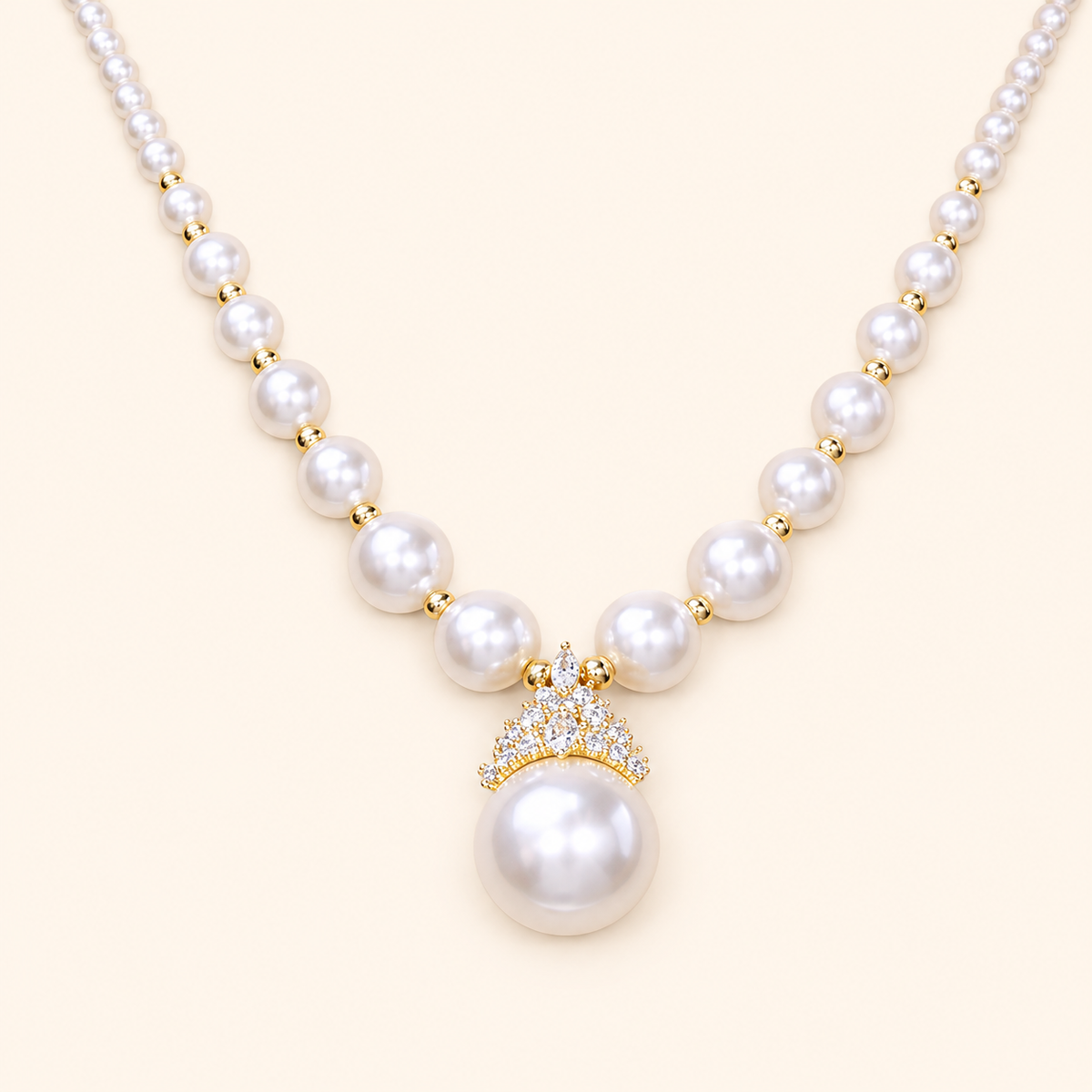 Women’s Elegant Faux Pearl Necklace with Cubic Zirconia Crown Pendant