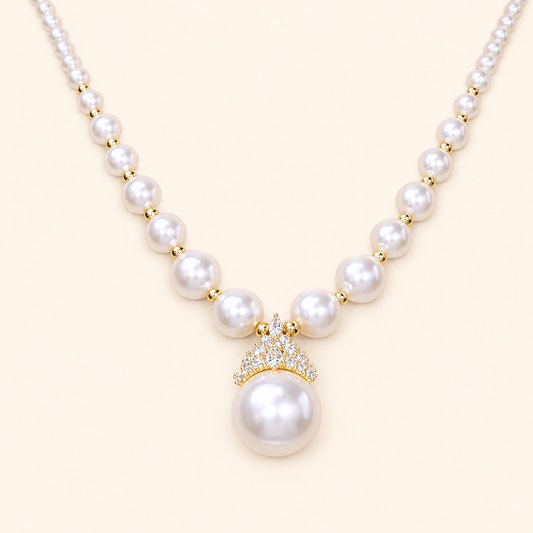 Women’s Elegant Faux Pearl Necklace with Cubic Zirconia Crown Pendant