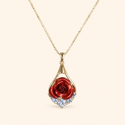 Women’s Gold Tone Romantic Red Rose Pendant Box Chain Necklace with Sparkling Zircon Detail