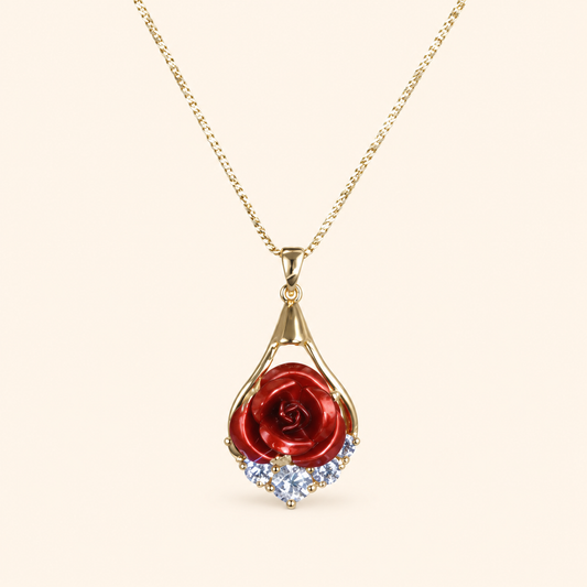 Women’s Gold Tone Romantic Red Rose Pendant Box Chain Necklace with Sparkling Zircon Detail