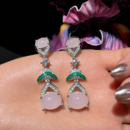 Women’s Vintage Floral Zircon Jewelry Set with Pink Petal Necklace and Drop Earrings