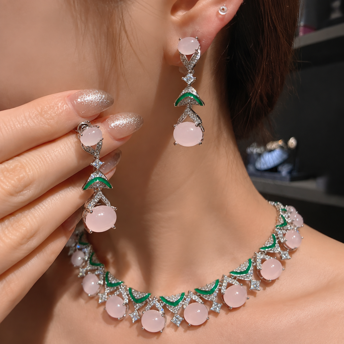Women’s Vintage Floral Zircon Jewelry Set with Pink Petal Necklace and Drop Earrings