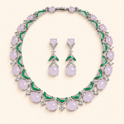 Women’s Vintage Floral Zircon Jewelry Set with Pink Petal Necklace and Drop Earrings