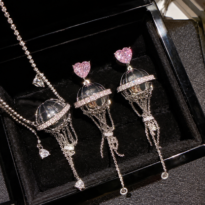 Women’s Vintage Hot Air Balloon Heart Zircon Necklace and Earrings Set with Crystal Drop Detail