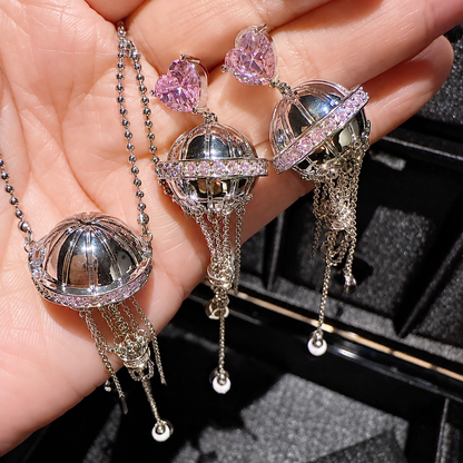 Women’s Vintage Hot Air Balloon Heart Zircon Necklace and Earrings Set with Crystal Drop Detail