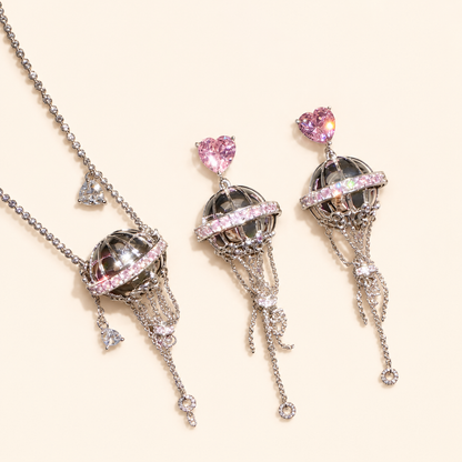 Women’s Vintage Hot Air Balloon Heart Zircon Necklace and Earrings Set with Crystal Drop Detail