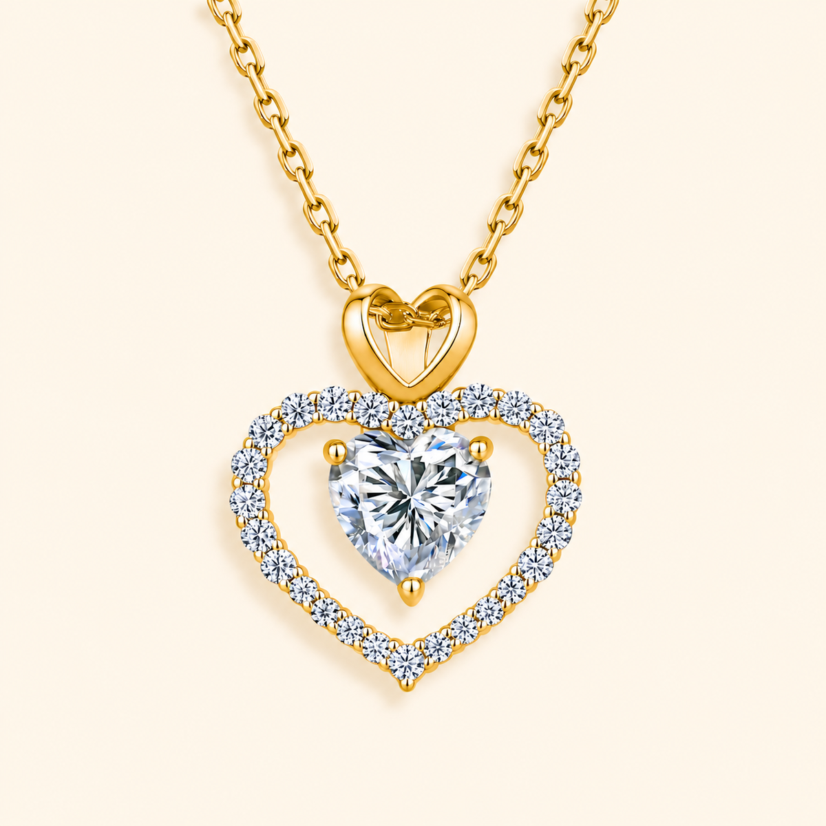 Women’s S925 Sterling Silver Heart Moissanite Necklace with Double Heart Halo Pendant