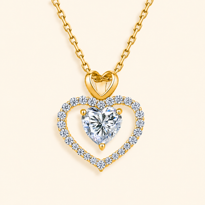 Women’s S925 Sterling Silver Heart Moissanite Necklace with Double Heart Halo Pendant
