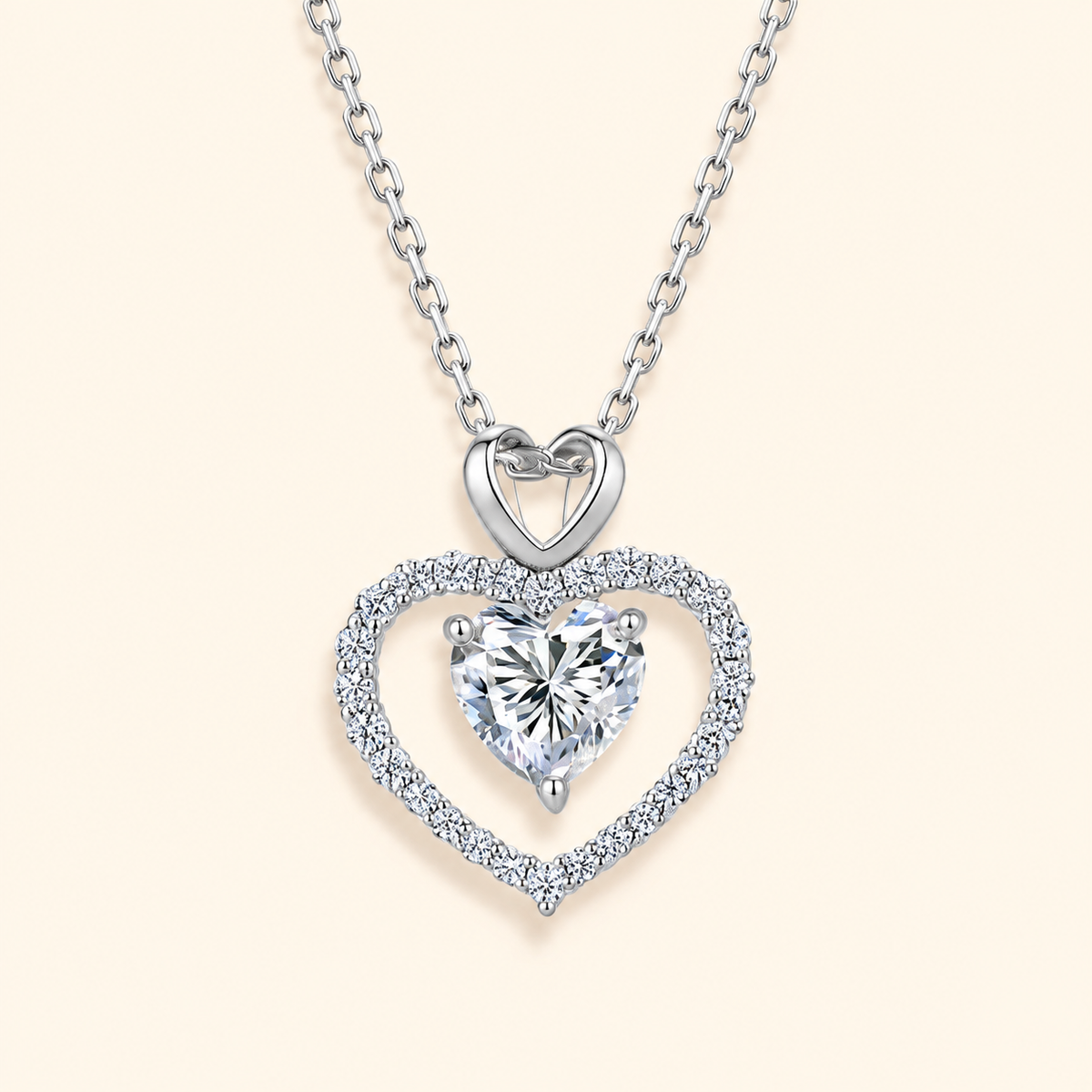 Women’s S925 Sterling Silver Heart Moissanite Necklace with Double Heart Halo Pendant