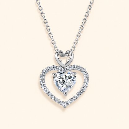 Women’s S925 Sterling Silver Heart Moissanite Necklace with Double Heart Halo Pendant