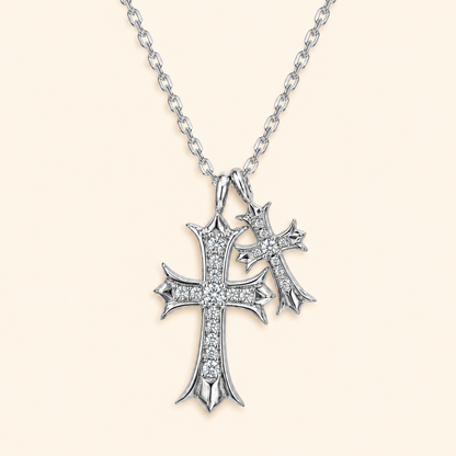 Women’s S925 Sterling Silver Moissanite Double Cross Pendant Necklace with Pave Crystal Detail