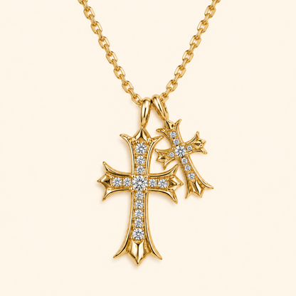 Women’s S925 Sterling Silver Moissanite Double Cross Pendant Necklace with Pave Crystal Detail