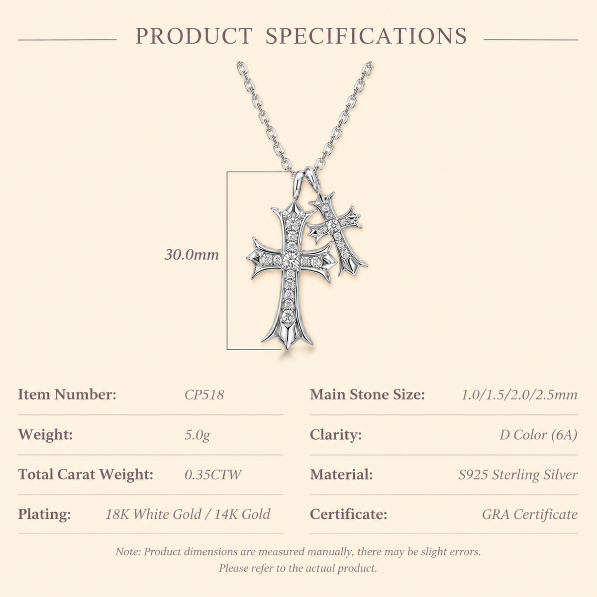 Women’s S925 Sterling Silver Moissanite Double Cross Pendant Necklace with Pave Crystal Detail