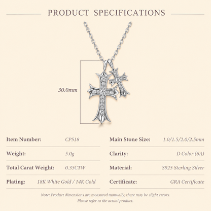 Women’s S925 Sterling Silver Moissanite Double Cross Pendant Necklace with Pave Crystal Detail
