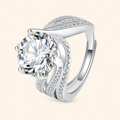 Women’s Adjustable Moissanite Statement Ring with Hearts and Arrows Cut and Swirl Band