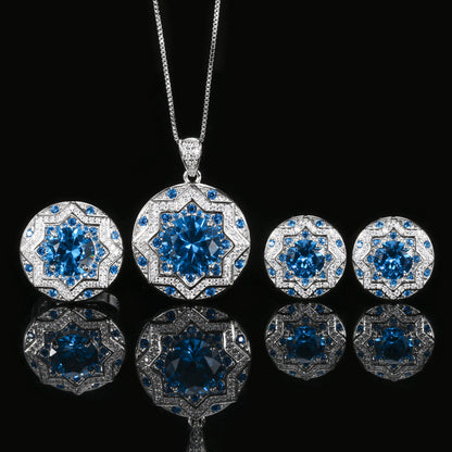 Women’s Luxury Blue Cubic Zirconia Necklace, Earrings & Adjustable Ring Set with Starburst Halo Detail