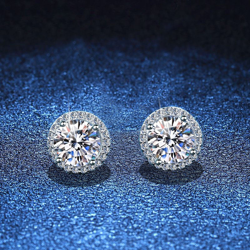 Women’s S925 Sterling Silver Round-Cut Moissanite Halo Stud Earrings – 0.1CT to 2CT