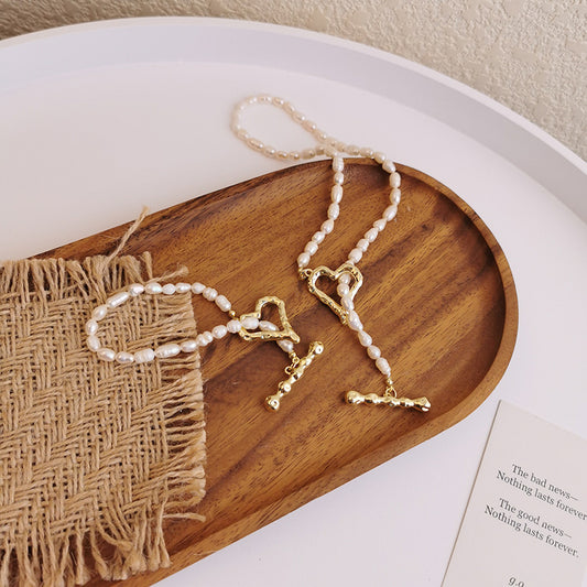 French Vintage Freshwater Pearl Heart Toggle Necklace & Bracelet Set