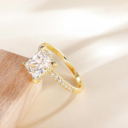 Women’s Luxury Rectangular-Cut Cubic Zirconia Four-Prong Pavé Ring – Platinum, Gold & Rose Gold Tone