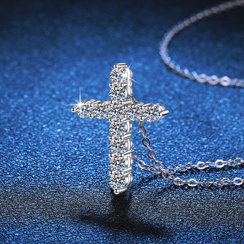 S925 Sterling Silver Round-Cut Moissanite Cross Pendant Necklace – 0.33CT / 0.66CT / 1.1CT
