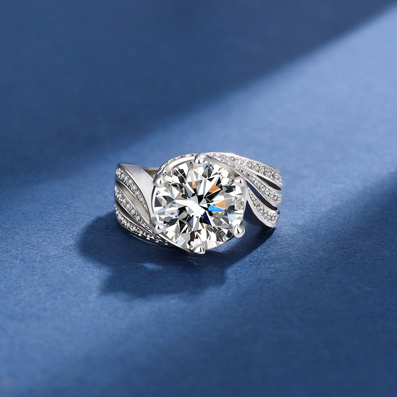 Women’s Adjustable Moissanite Statement Ring with Hearts and Arrows Cut and Swirl Band