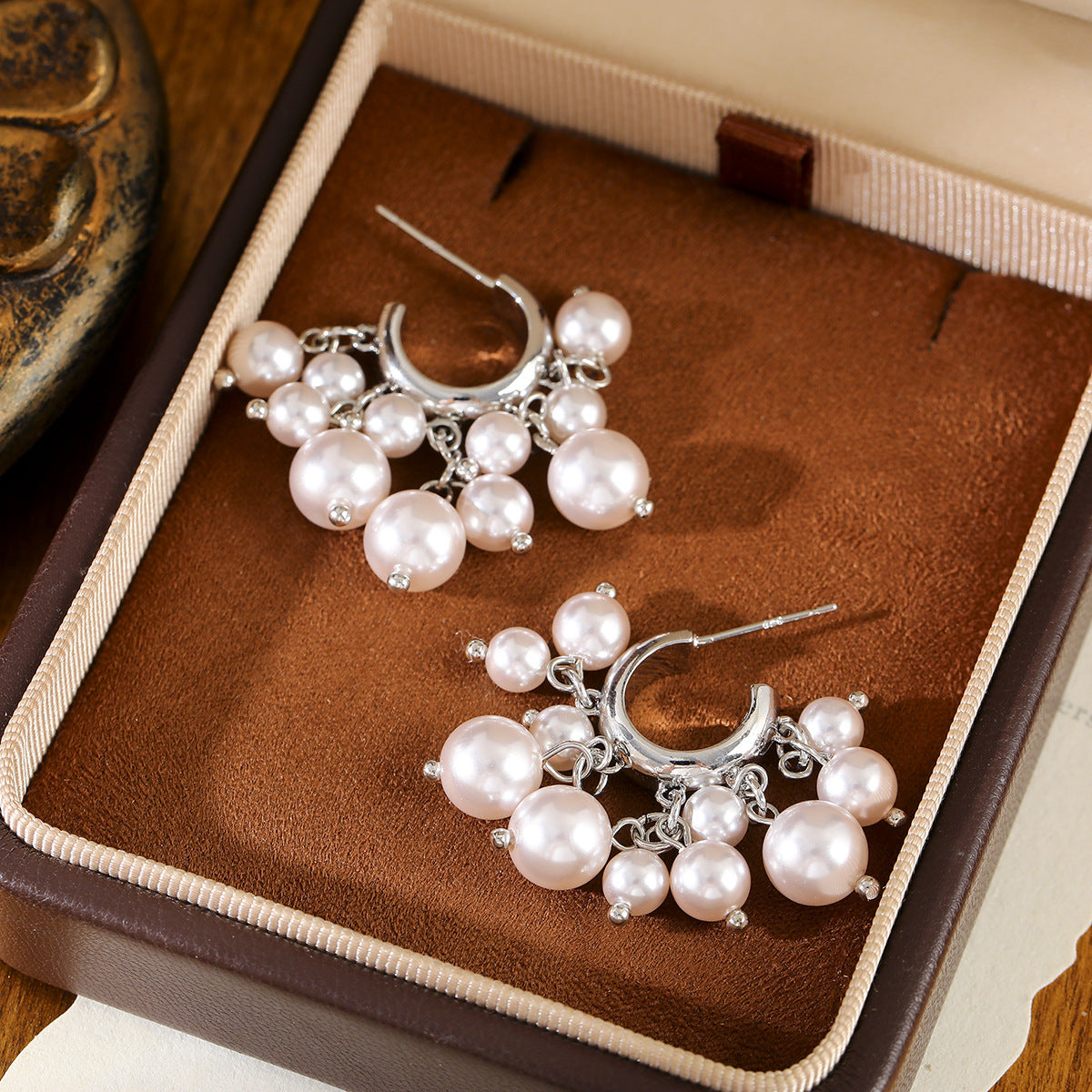 Silver-Tone Pearl Cluster Drop Hoop Earrings with S925 Sterling Silver Posts