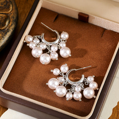 Silver-Tone Pearl Cluster Drop Hoop Earrings with S925 Sterling Silver Posts