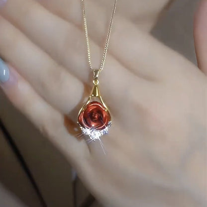 Women’s Gold Tone Romantic Red Rose Pendant Box Chain Necklace with Sparkling Zircon Detail