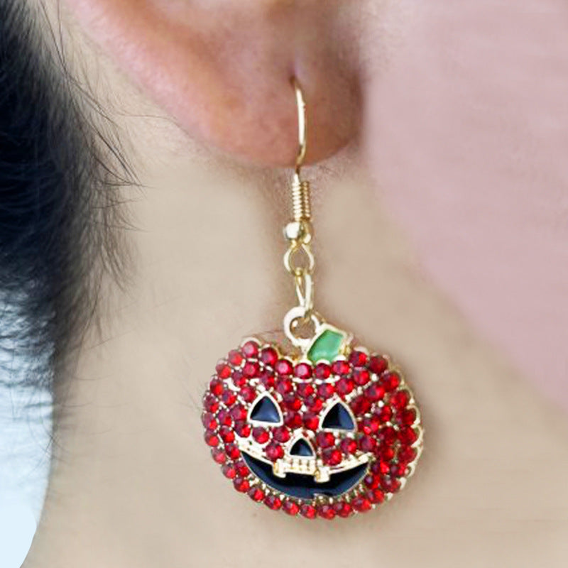 Women’s Halloween Pumpkin and Ghost Drop Earrings with Colorful Rhinestones