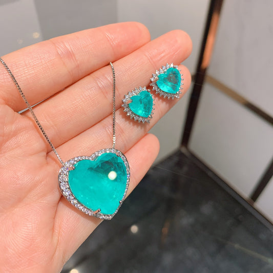 Women’s Elegant Paraiba-Inspired Necklace and Earrings Set with Zircon Detail