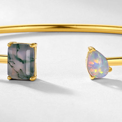 10K Gold-Plated 925 Sterling Silver Moss Agate Open Cuff Bangle with Iridescent Teardrop Accent