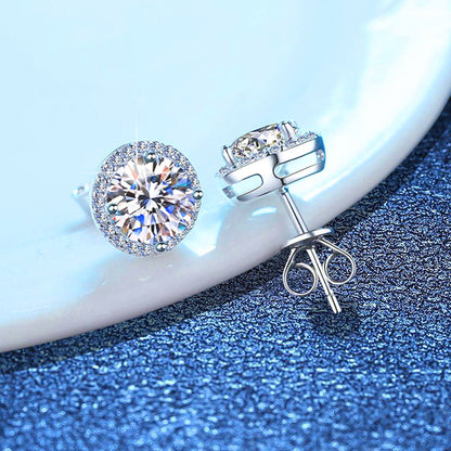 Women’s S925 Sterling Silver Round-Cut Moissanite Halo Stud Earrings – 0.1CT to 2CT