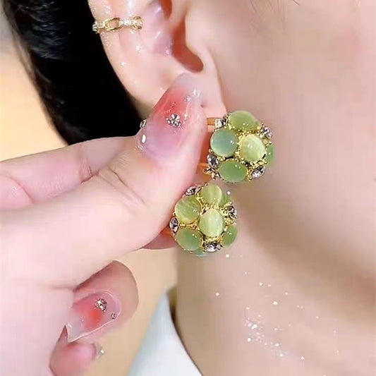 Women’s Vintage Cat’s Eye Stone Geometric Round Hoop Earrings with Zircon Accents