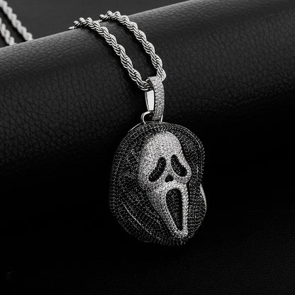 Unisex Halloween Ghost Mask Pendant Necklace with Black and Clear Cubic Zirconia