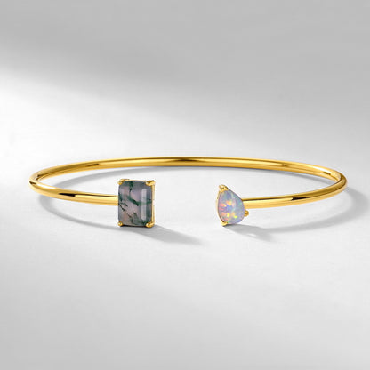 10K Gold-Plated 925 Sterling Silver Moss Agate Open Cuff Bangle with Iridescent Teardrop Accent