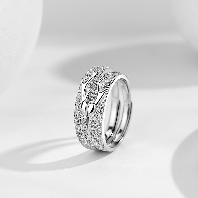 Couples’ S925 Sterling Silver Deer Antler Adjustable Matching Rings with Frosted Detail