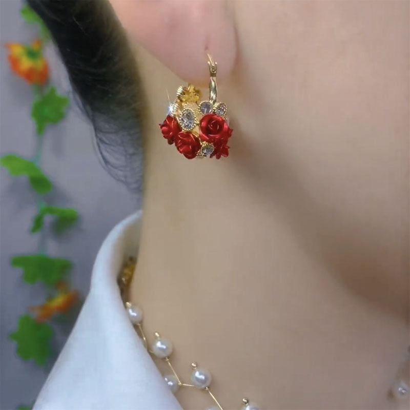 Women’s Gold Tone Romantic Rose Flower Basket Drop Earrings with Sparkling Zircon Detail