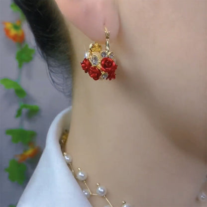 Women’s Gold Tone Romantic Rose Flower Basket Drop Earrings with Sparkling Zircon Detail