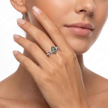 925 Sterling Silver Natural Moss Agate Ring with Intertwined Vine and Leaf Details