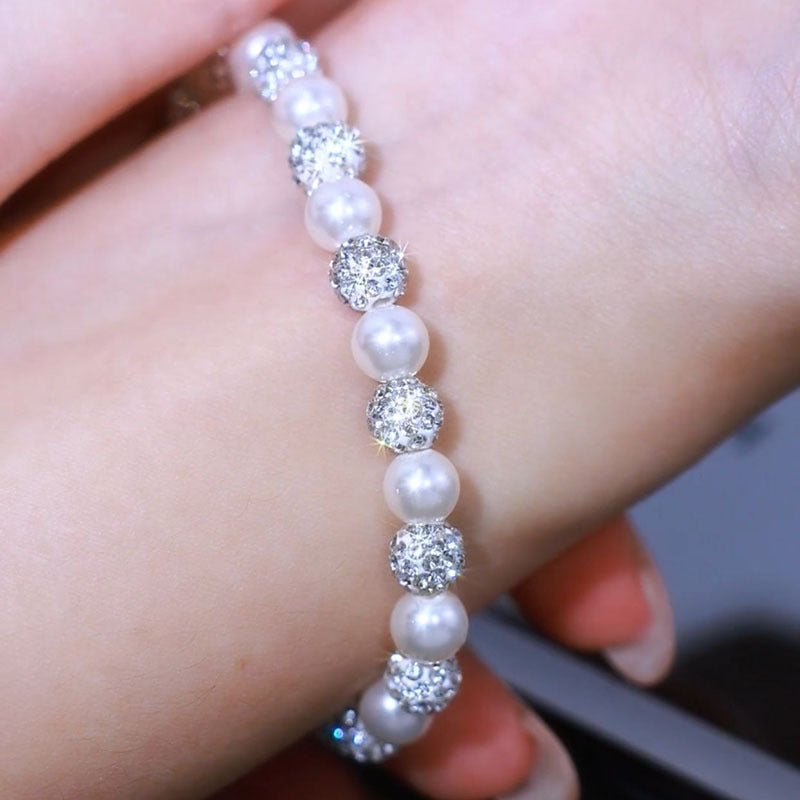 Women’s Refined Faux Pearl Stretch Bracelet with Sparkling Zircon Detail