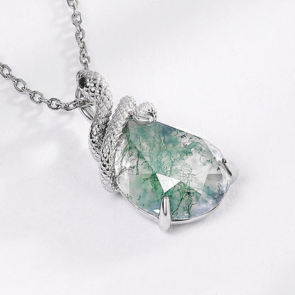 925 Sterling Silver Natural Moss Agate Teardrop Pendant with Coiled Snake Design