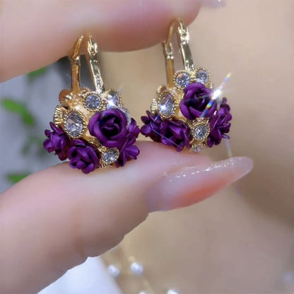 Women’s Gold Tone Romantic Rose Flower Basket Drop Earrings with Sparkling Zircon Detail